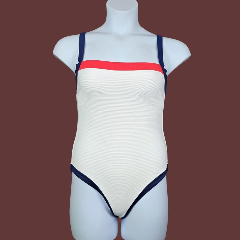 Shade & Shore Womens White Blue Red Ribbed One Piece Swimsuit Size S NWT